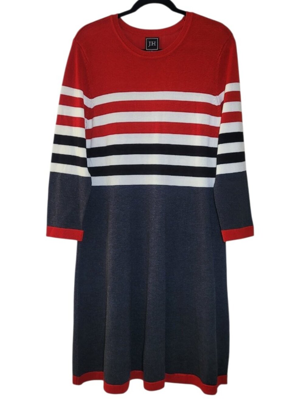 JH Collectibles Striped Knit Long Sleeve Sweater Dress Red Grey XL Preppy